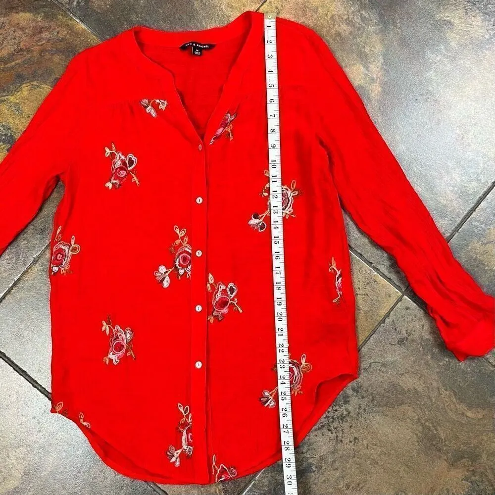 Zac & Rachel Floral Retro Button Up Long Sleeve Top Medium Red - Image 6