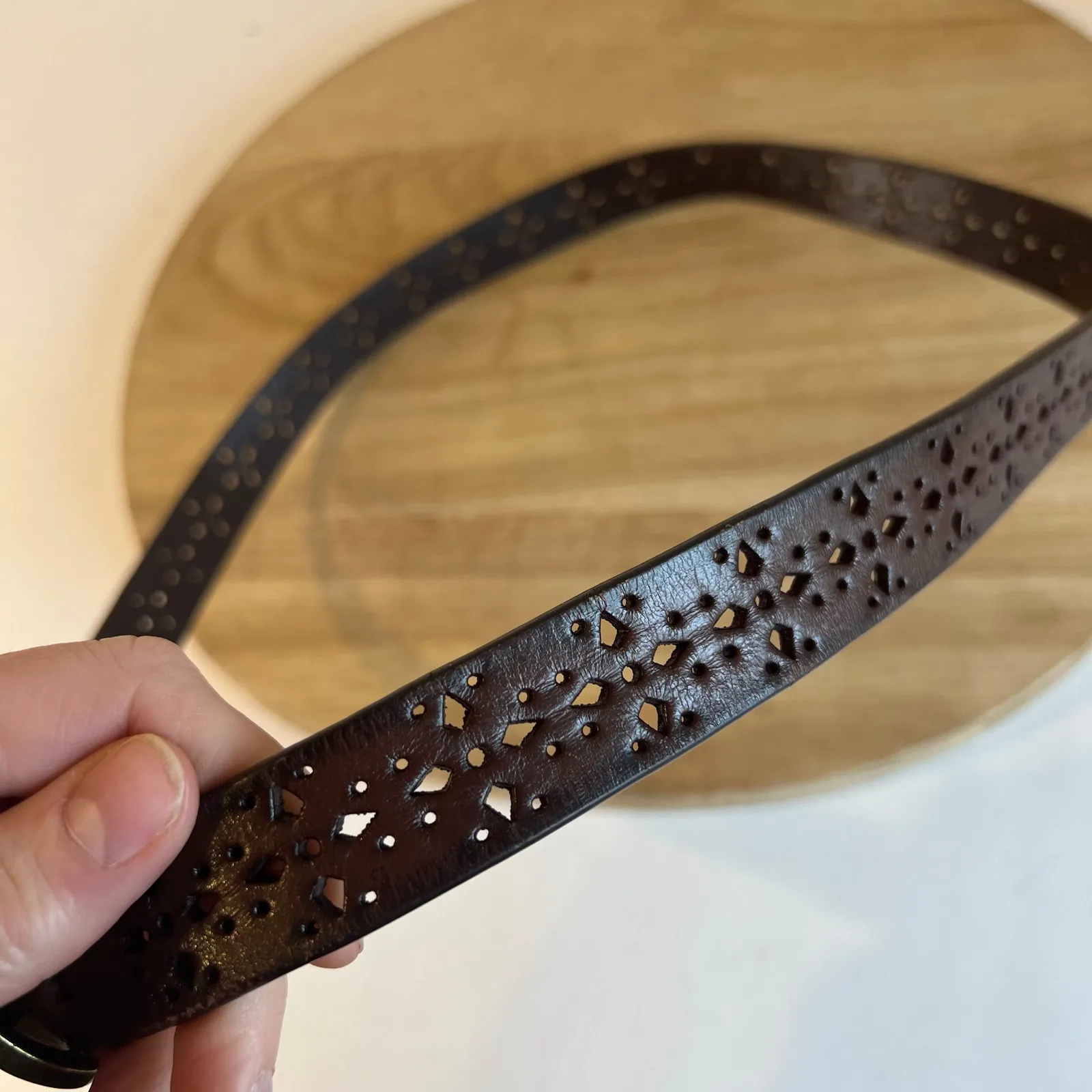 Vintage Brown Genuine Leather Cut Out Western Golden Buckle Belt Size Large - Image 4