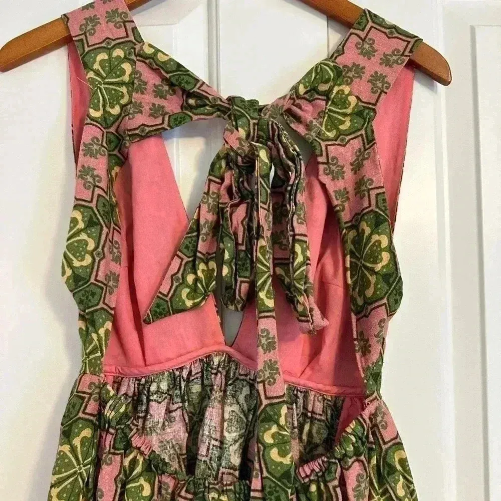 House of Harlow 1960 Linen Blend Halter Mini Dress S Floral Plunge Neck Tie Back Pink - Image 6