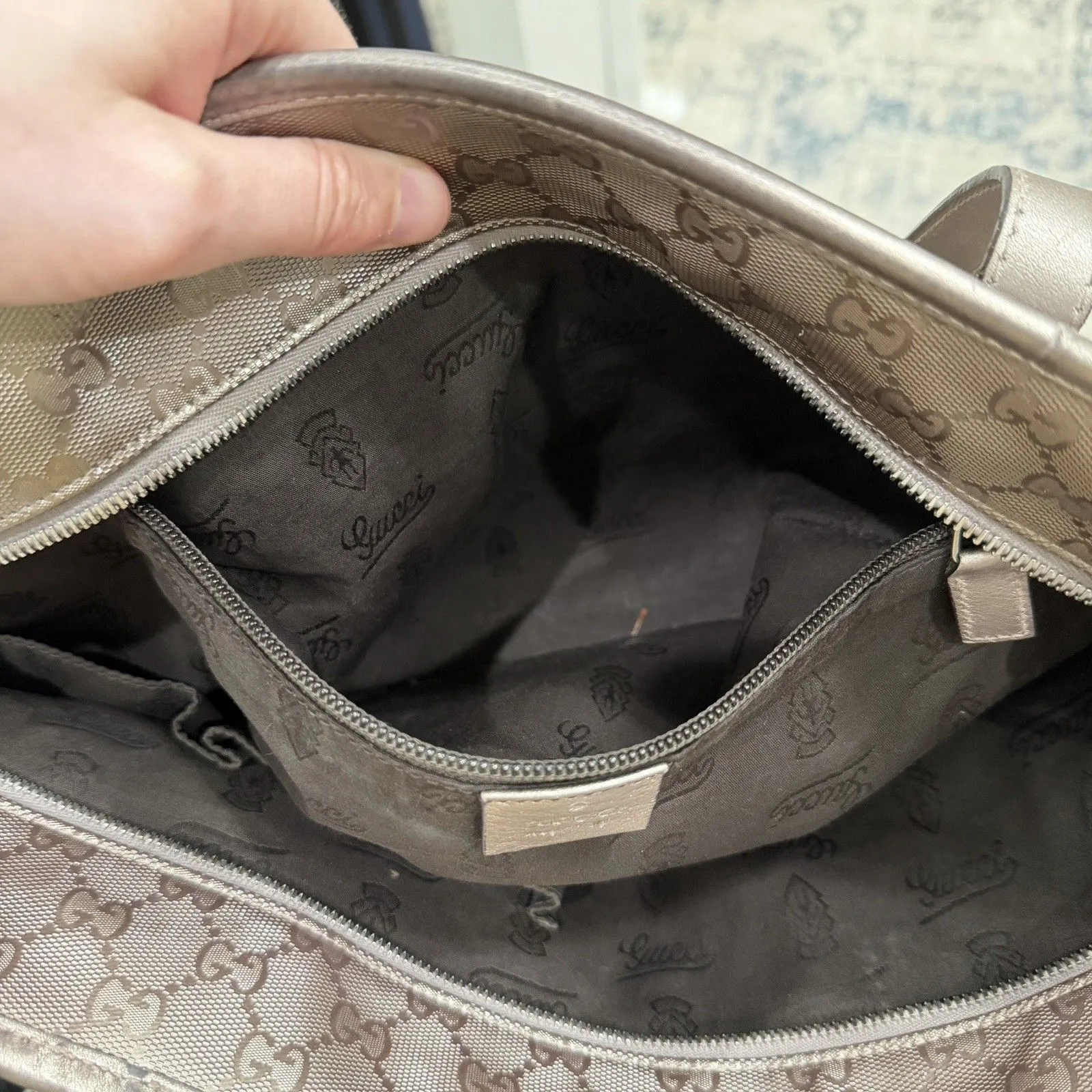 Authentic GUCCI GG Imprime Handbag Tote & Dustbag-Metallic Bronze-Excellent Cond - Image 10