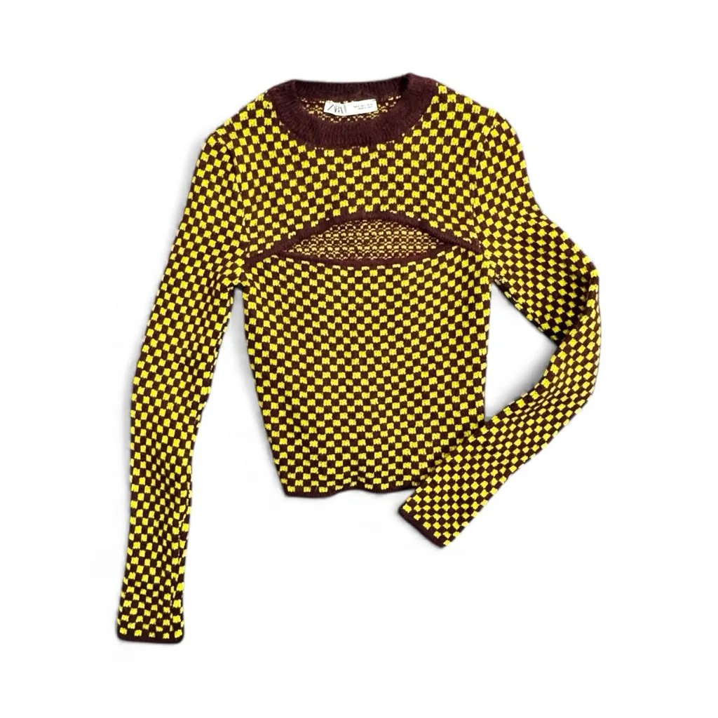 ZARA Checkerboard Keyhole Knit Sweater Yellow Brown S 90s Y2K Neon Grunge Skater - Image 2