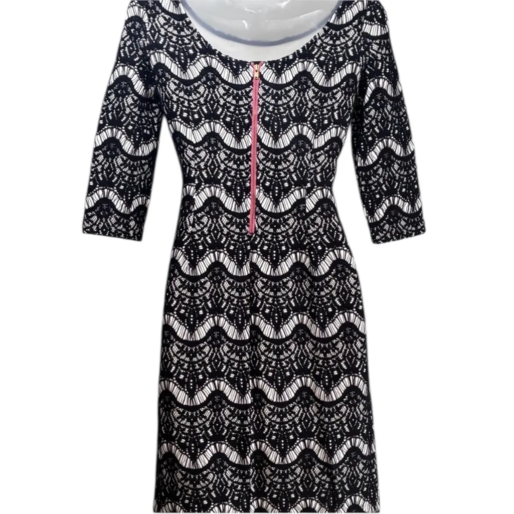 LILLY PULITZER Black White Lace Dress Wide Neck 3/4 Sleeve Dress Size M - Image 3