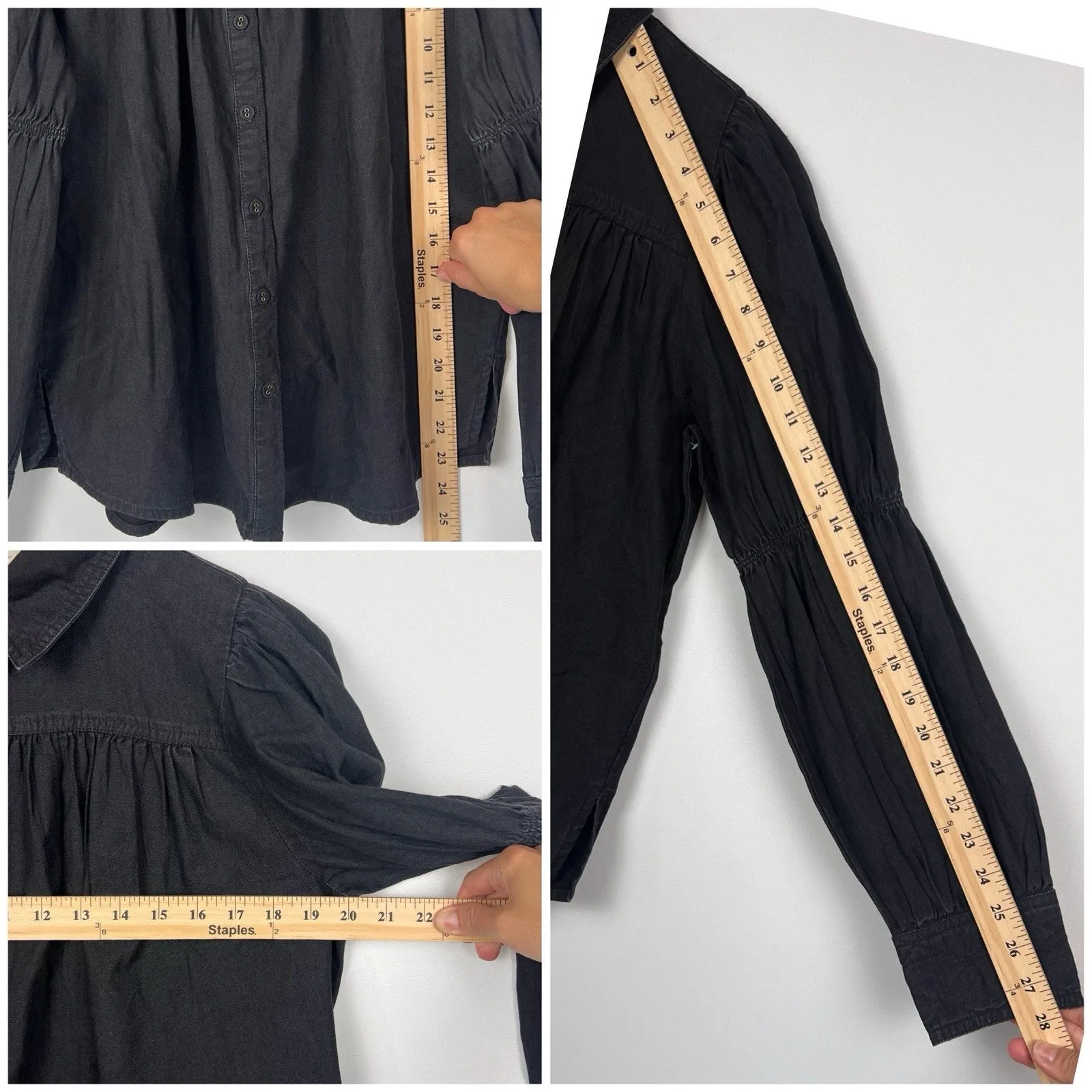 Cleobella Blakely Blouse M Black Puff Sleeve Button Down Boho Cotton Top - Image 6