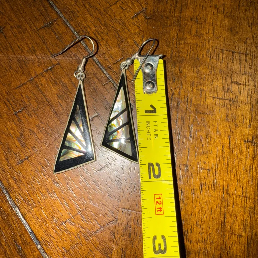 Vintage Alpaca Mexico Enameled‎ Abalone Shell Inlaid Dangle Earrings - Image 3