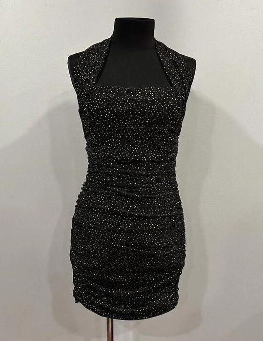 Lucy in the Sky  Virginia Ruched Bodycon Dress In Black Silver Shimmer Large L - Image 2