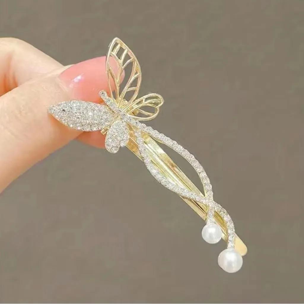 Set Of 2 Butterfly‎ Alloy Rhinestone Imitation Pearl Fashion Hair Clips Gold - Image 7