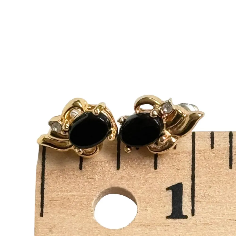 VTG Oval Simulated Black Onyx POST EARRINGS Gold Plate CZ Rhinestone Small 1/2" - Image 4