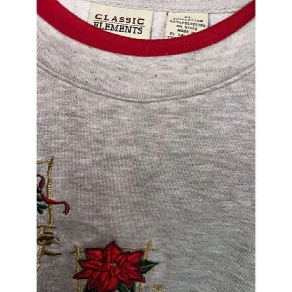 Vintage Classic Elements Gray Holiday Sweatshirt with Poinsettia Embroidery XL - Image 3
