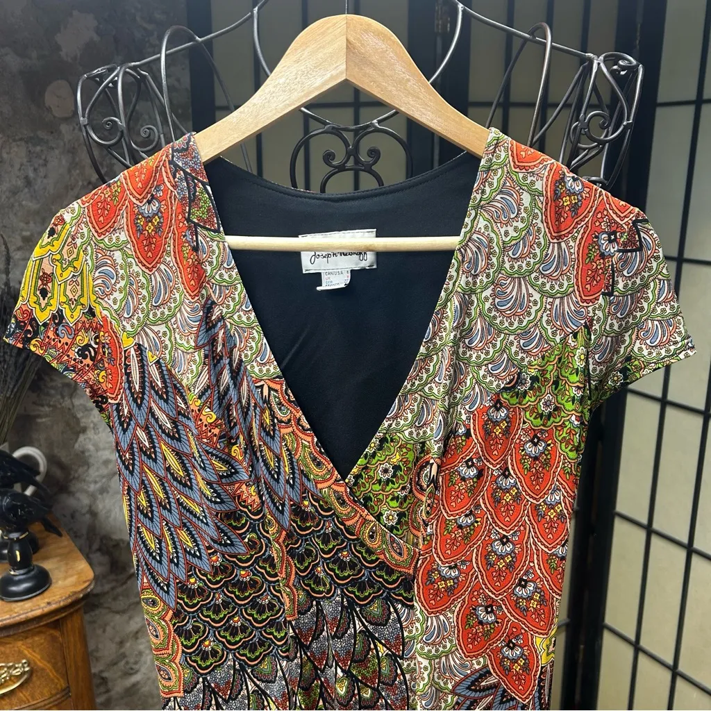 VNT 90s Joseph Ribkoff Peacock Print Wrap V-Neck Multicolor Midi Dress: Size 6 - Image 6