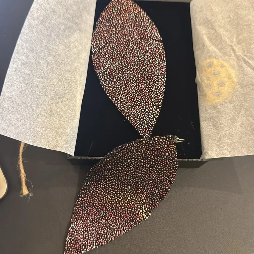 Big silver red glitter earrings, oversized sparkly, large leaf earrings NIB - Image 2