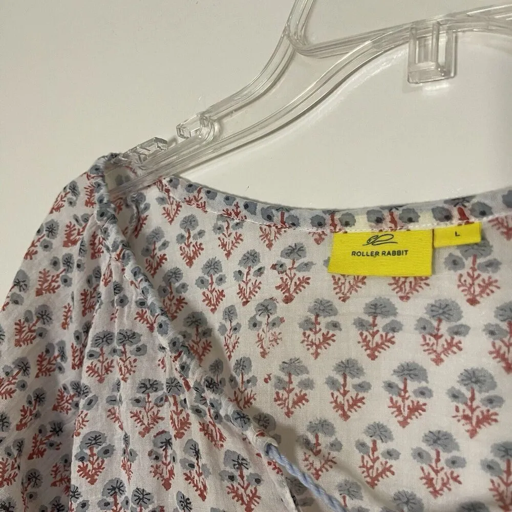 Roller Rabbit Red floral cotton knit lightweight tassle tie blouse top L - Image 3