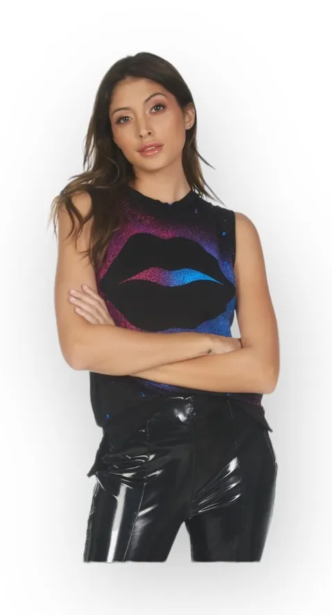 Lauren Moshi ᨎ Kizington Galaxy Lip Sleeveless Tank Top ᨎ Black Splatter ᨎ XL ᨎ - Image 1