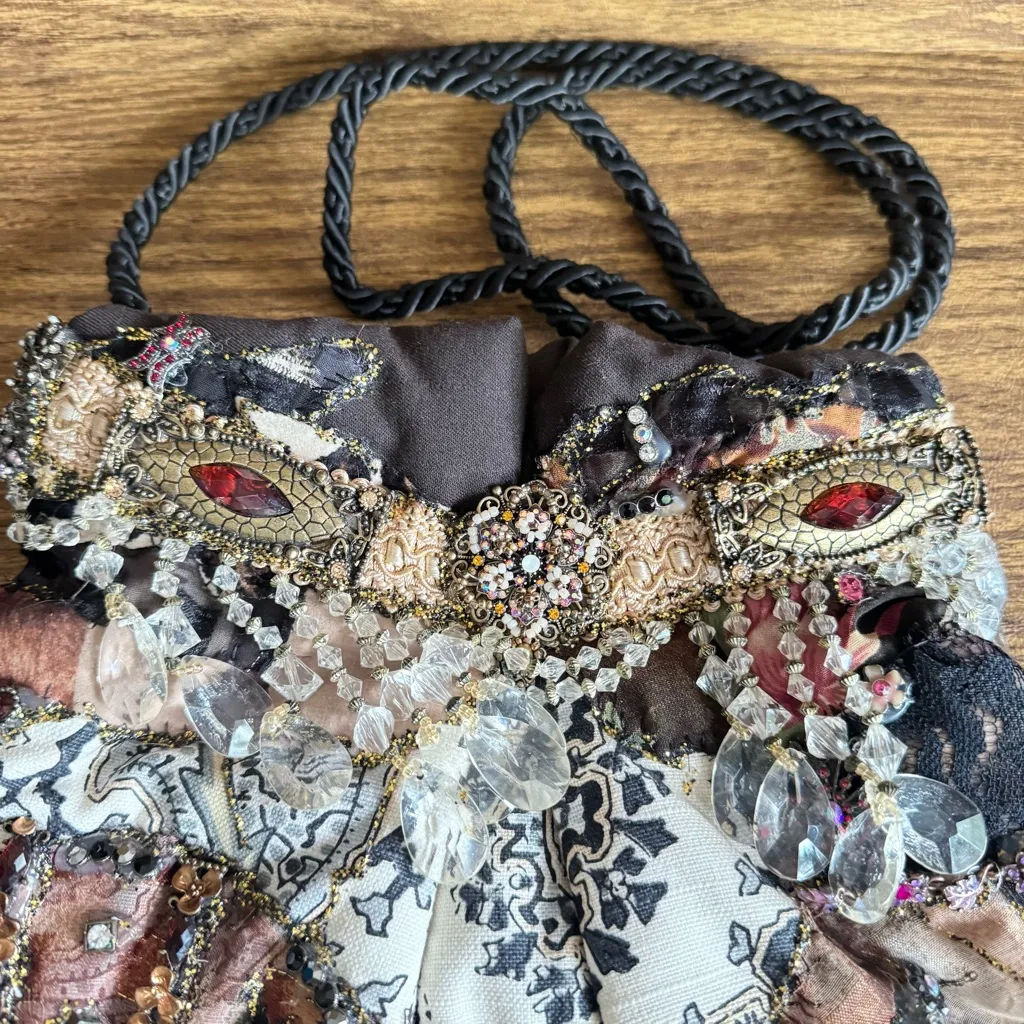 Maria Zeiour Artisan Embellished Beaded‎ Steampunk Patchwork Bucket Bag Purse Brown - Image 2