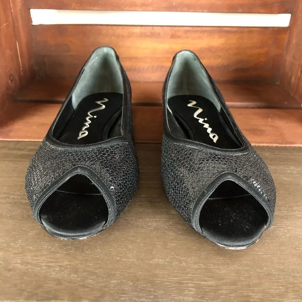 Nina Black Sequined Open Toe Kitten Heels - Image 2