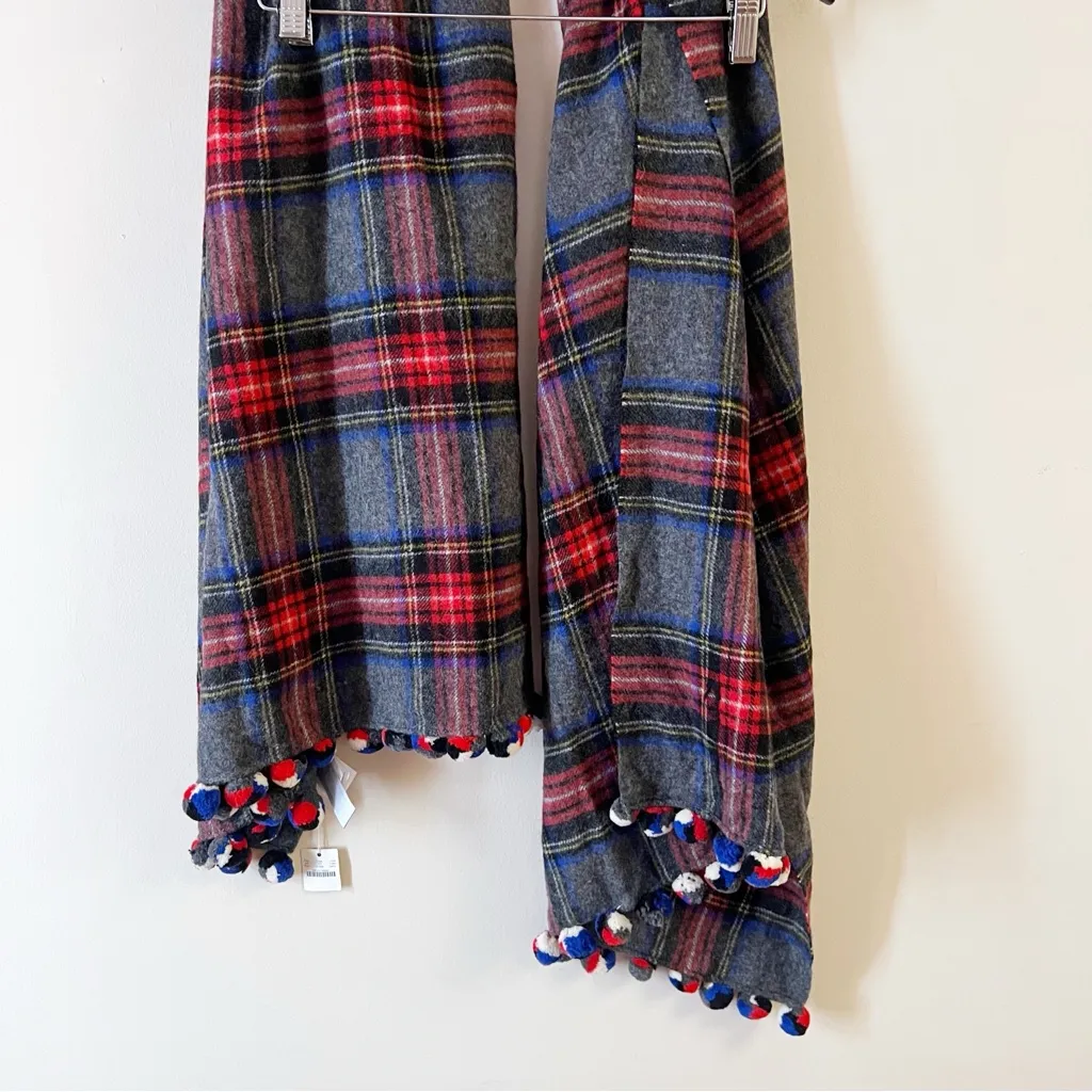 J.Crew Pom Pom Plaid Wool Scarf NEW Gray Red Oversized e4951 - Image 10
