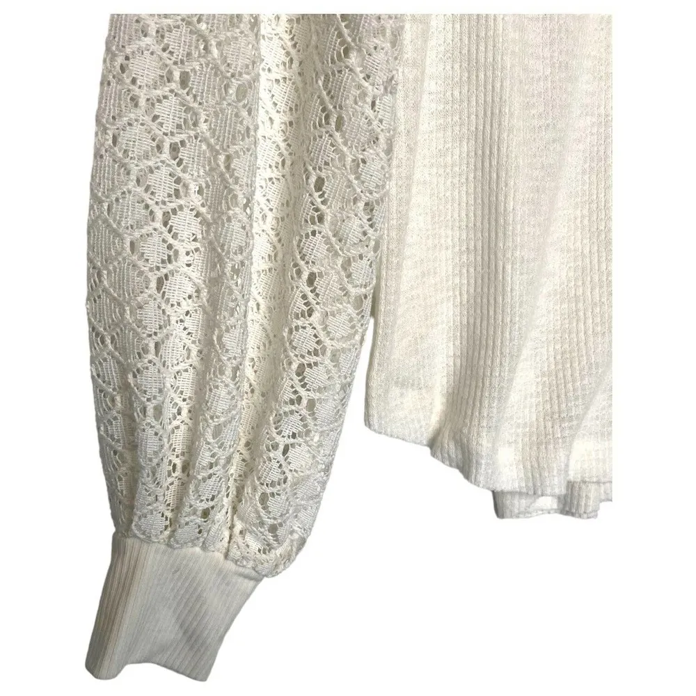 Free People Top Womens S Sweetest Thing Waffle Embroidered Boho Peasant Ivory - Image 4