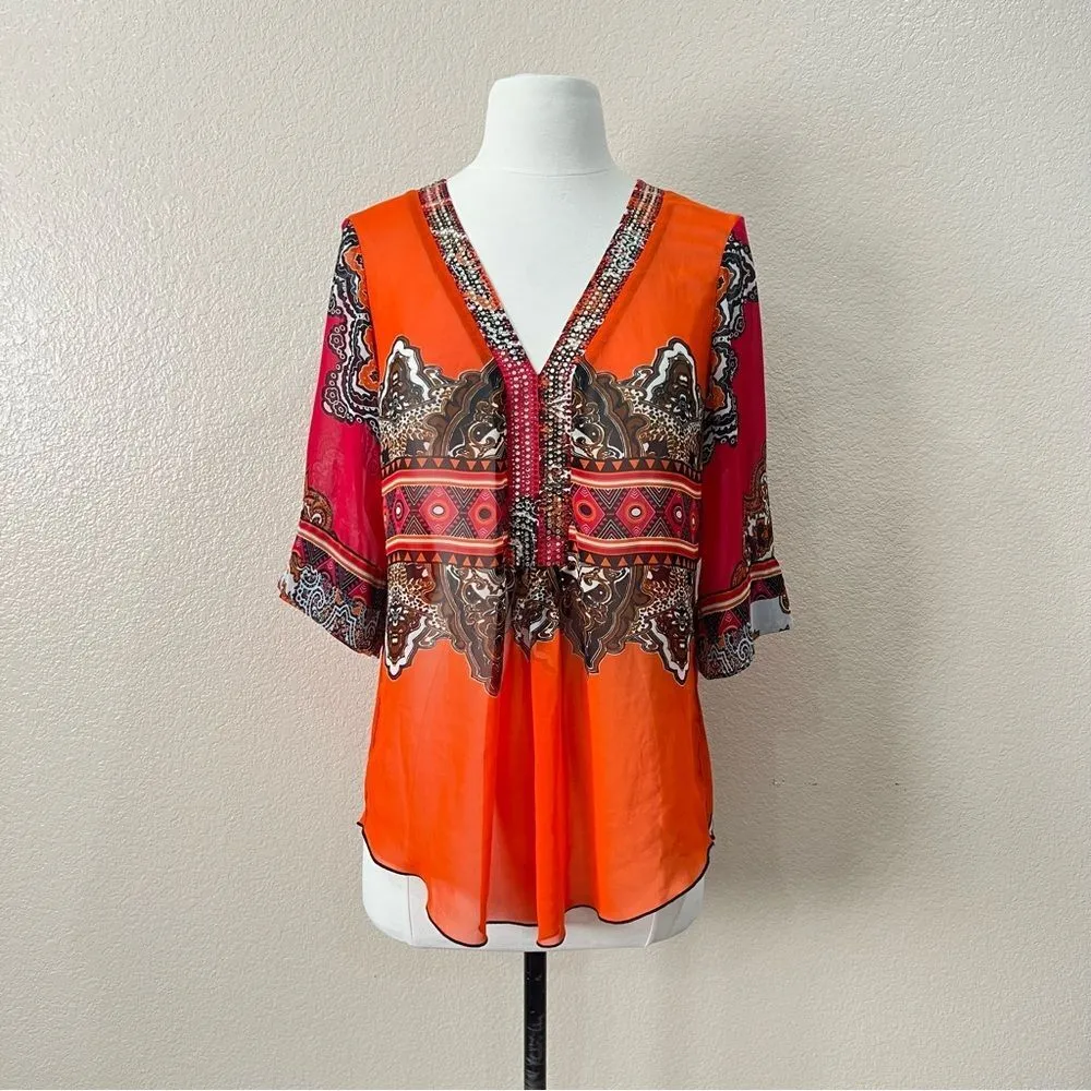 Joseph Ribkoff Colorful Sheer Blouse with Multicolored Rhinestones Size 6 - Image 2