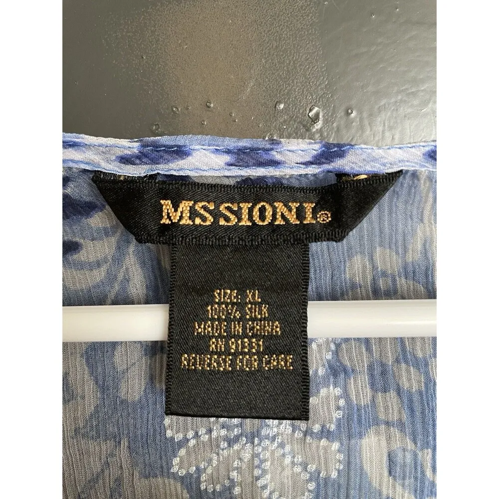 Missoni Women’s Blue Floral 3/4 Sleeve tie Blouse Y2k 90s Size XL 100% Silk - Image 3
