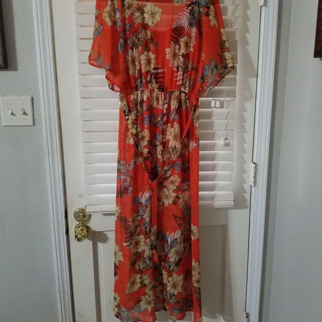 Womens Floral Maxi Dress With Short Sleeves & Empire Waist By Carters Sheer Oran Orange - Image 3