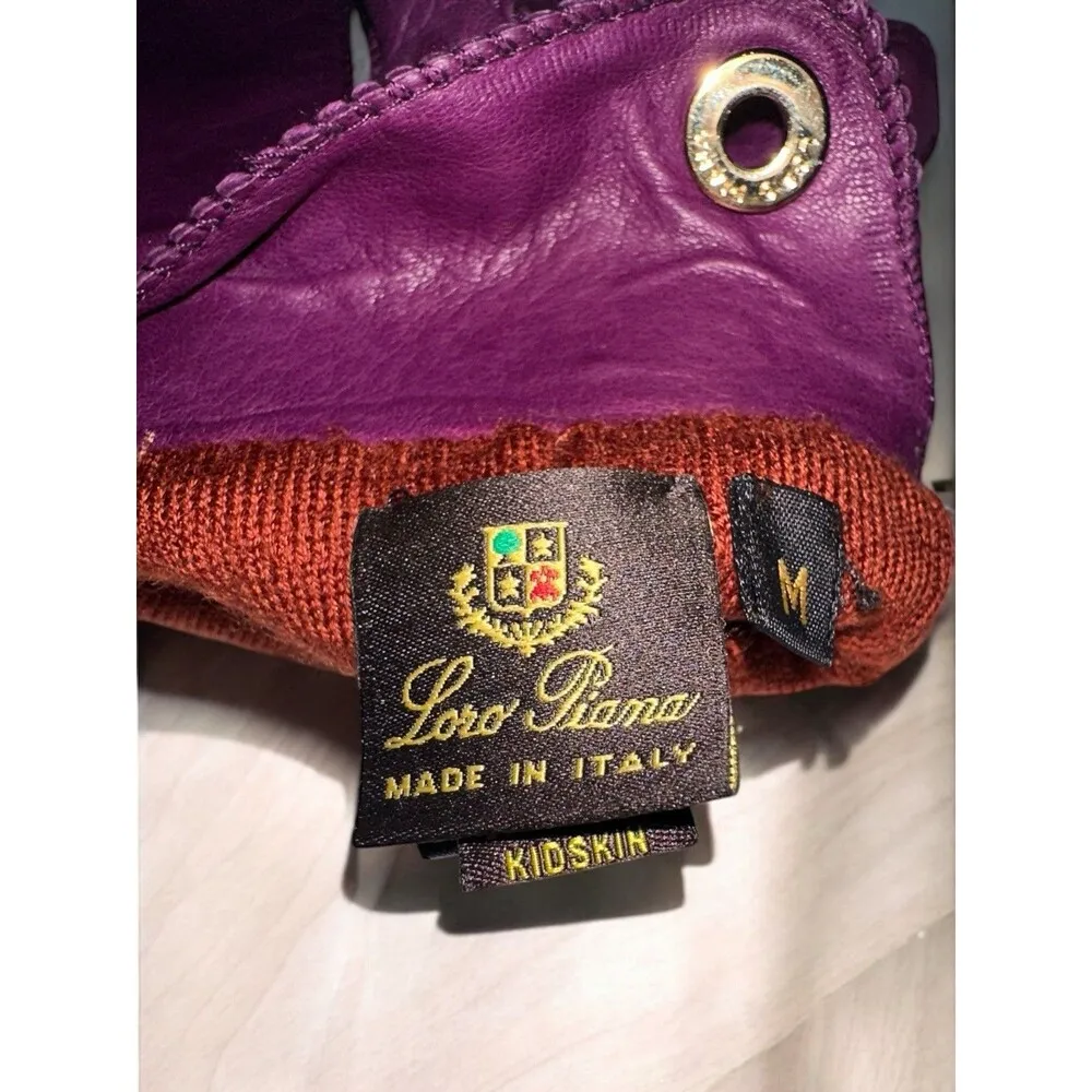 LORO PIANA Purple Kidskin LEATHER/CASHMERE LINING GLOVES Med Made In Italy - Image 5