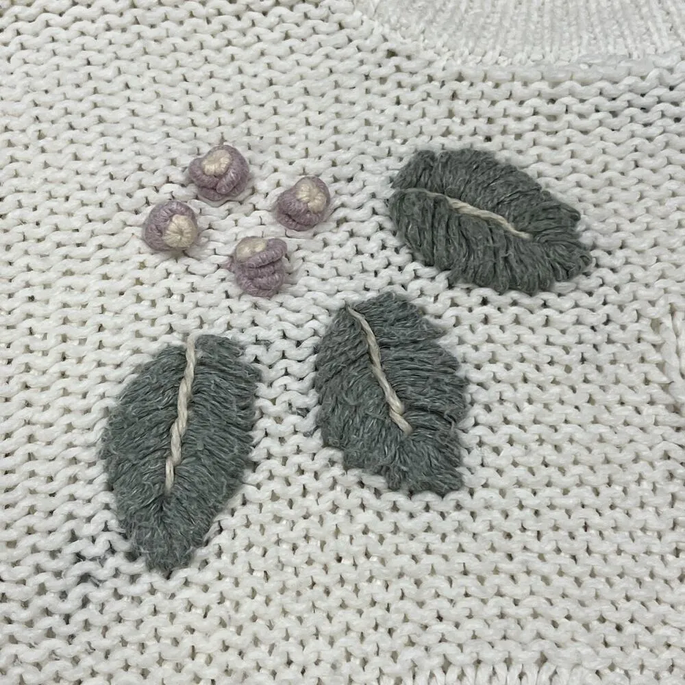 Vintage Shenanigans Hand Knit Cable Knit Crop Sweater Ivory Large Embroidered - Image 5