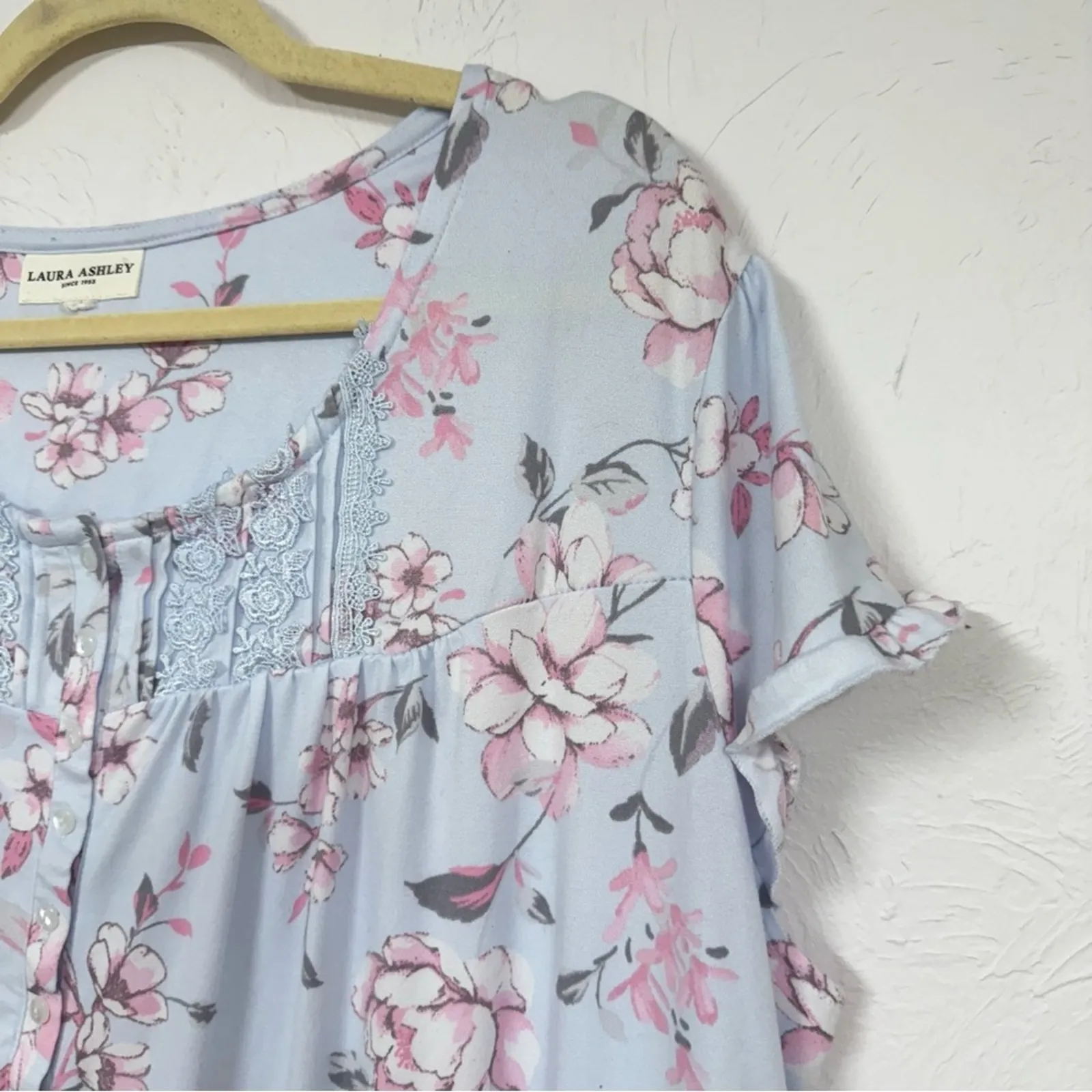 Laura Ashley Blue Floral Sleep Shirt Dress Nightgown Womens L Pajamas Comfort - Image 5
