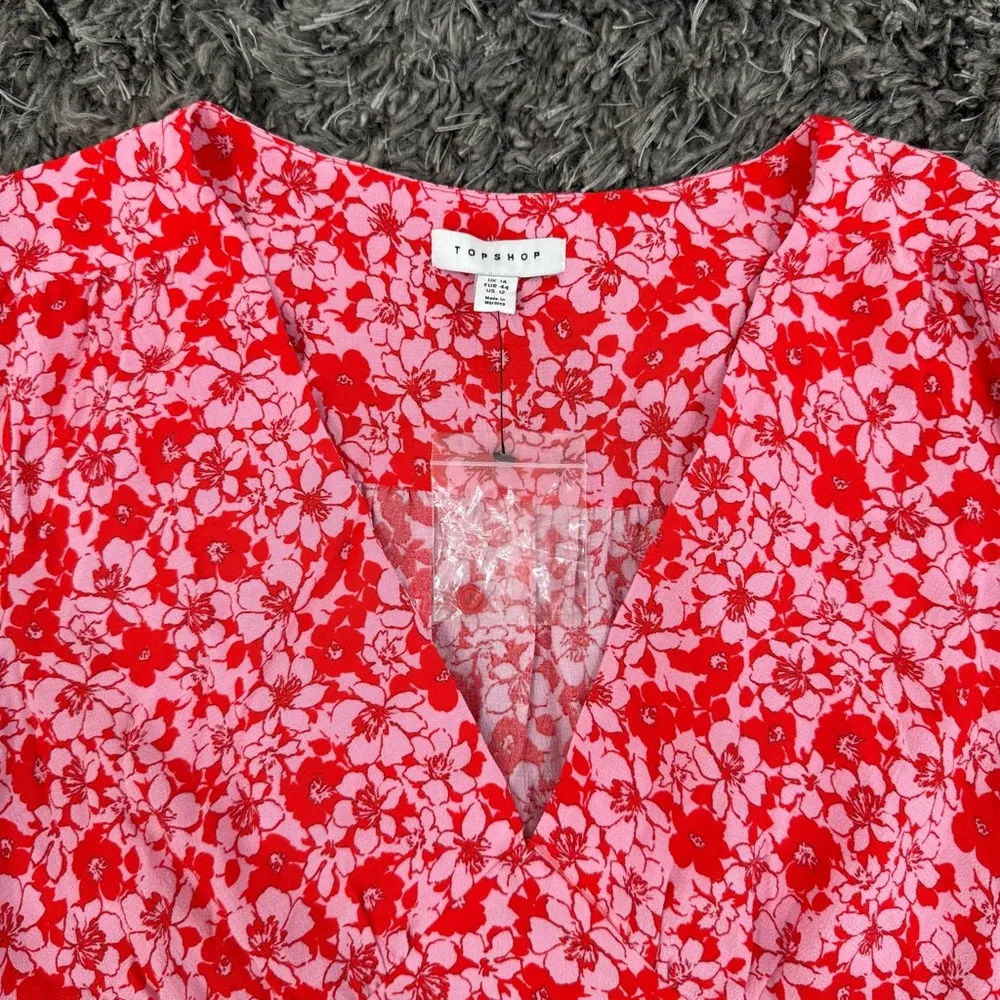 Topshop V-Neck Mini Tea Dress in Pink and Red Floral, Size 12​​​ - Image 5