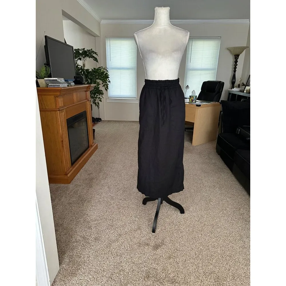 Black Elastic Waist Midi Skirt With Drawstring & Back Slit - Image 14