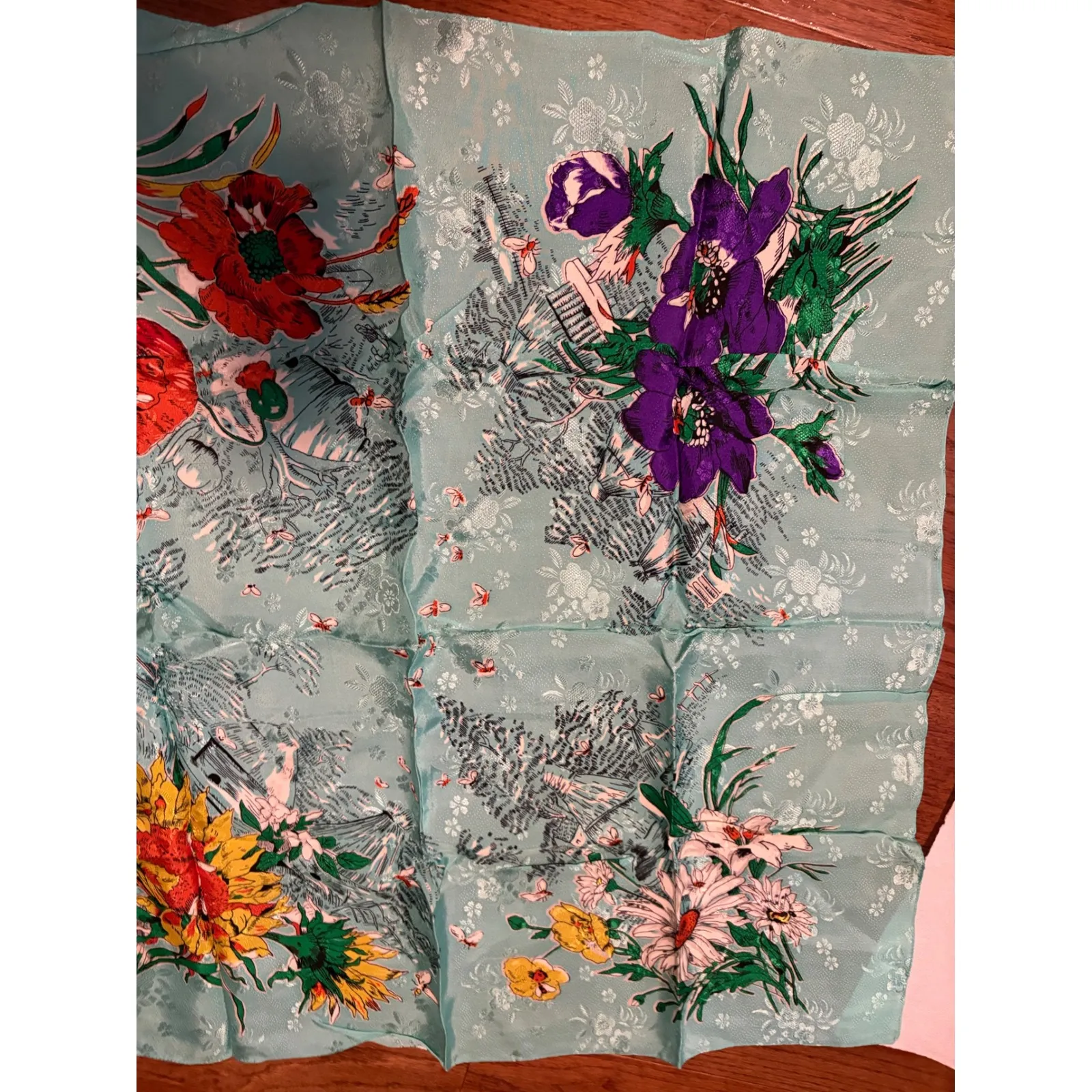 Vintage Floral Print Scarf Lightweight Accessories Fashion Women Made in Japan Blue - Image 3