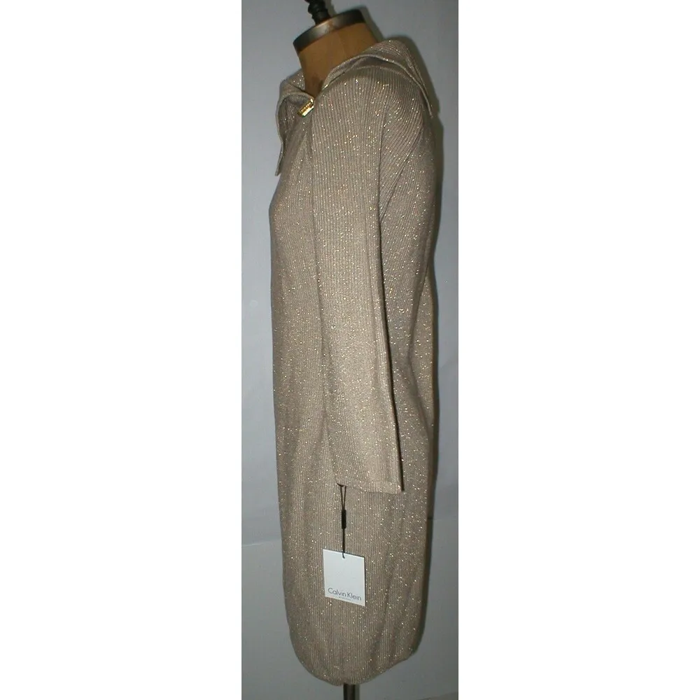 New Womens S Calvin Klein Dress Gold Metallic Sweater Date Long Sleeves Knee Wor - Image 5