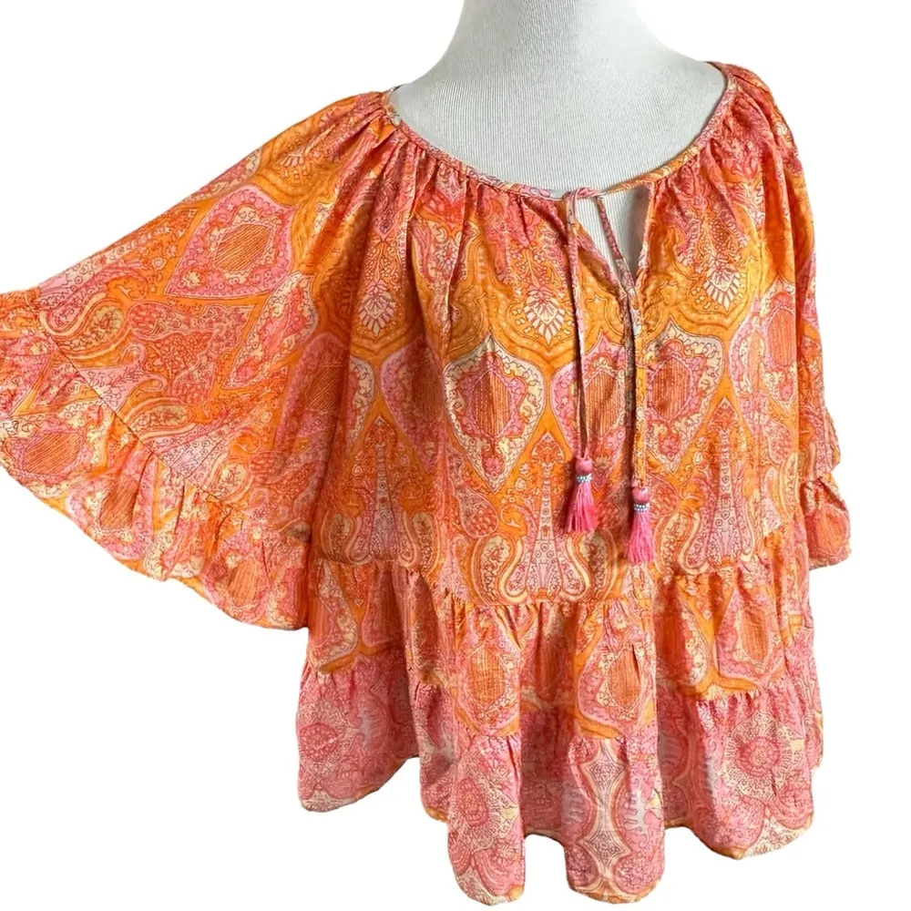 Calypso St. Barth Espazi Printed Silk Flutter Sleeve Top Large Resort Bohemian - Image 2
