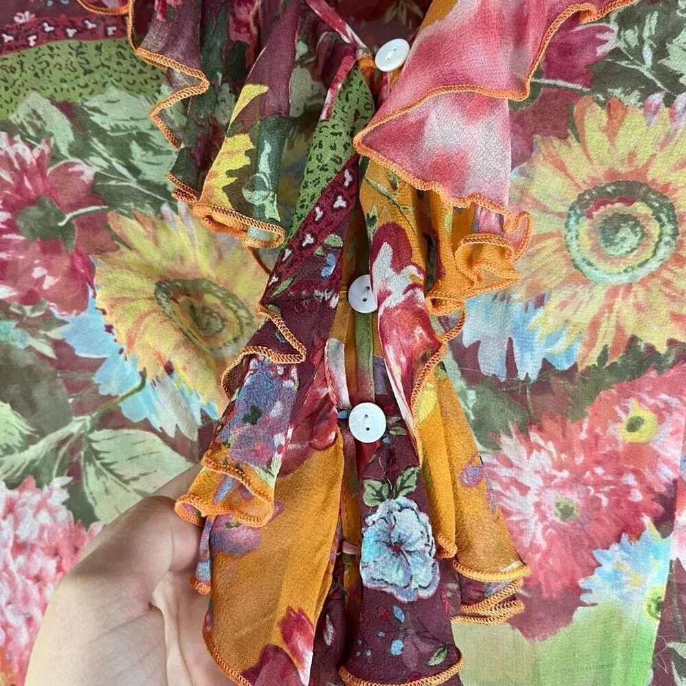 Coldwater Creek Womens Floral Silk Button Ruffled Blouse Size Small Office - Image 9