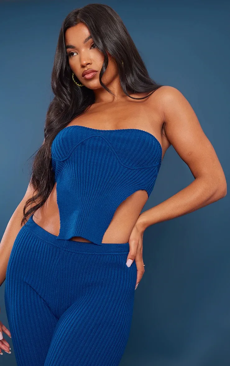Bright Blue Ribbed Knit Bust Detail Bandeau Top - Image 3