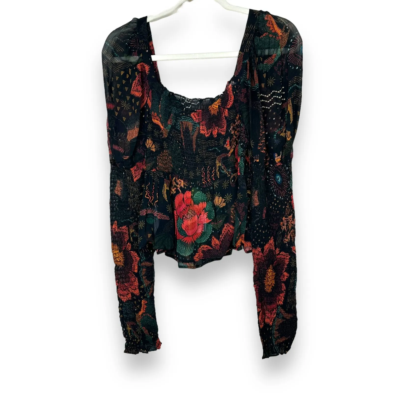 FARM Rio NWT Black River Creatures Smocked Floral Chiffon Sheer Blouse XS - Image 6