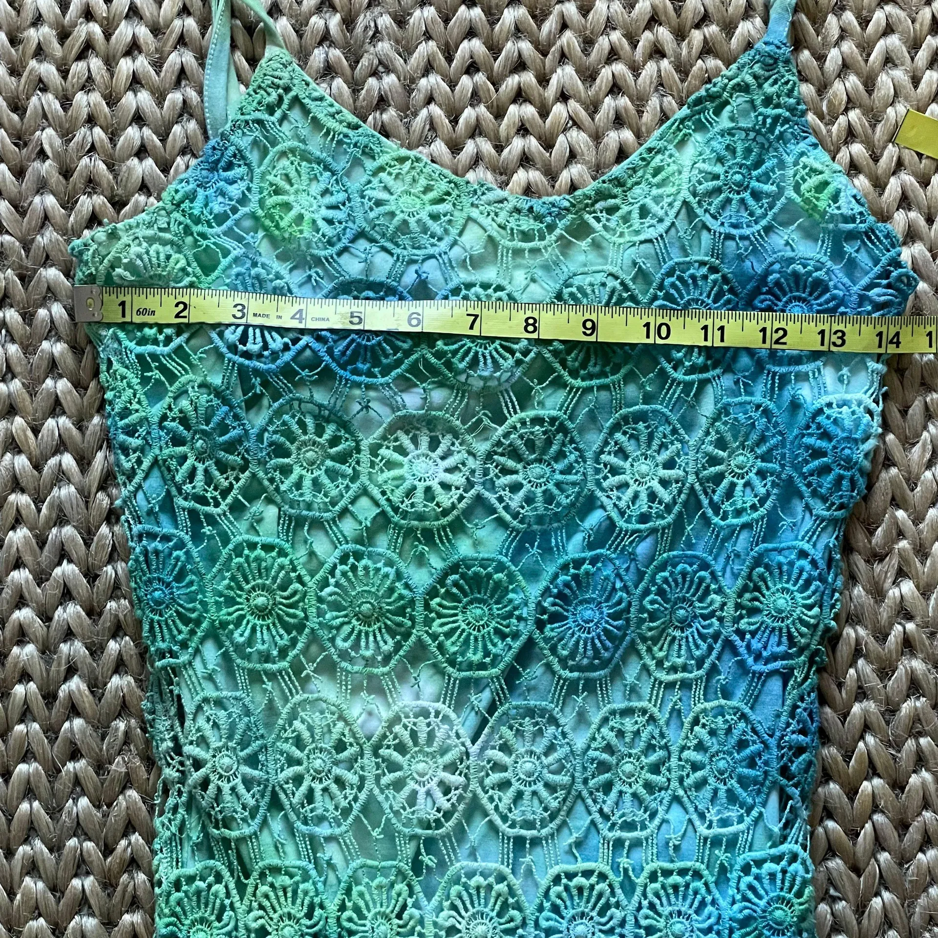 . Tie Dyed Crochet Mini Dress Blue Green White Size 4 - Image 6