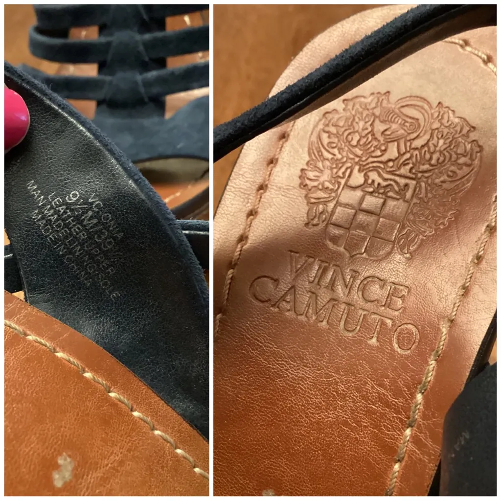 VINCE CAMUTO "ONIA" BLUE SUEDE WITH BROWN STRIPED WOODEN WEDGE HEELS (9.5) - Image 11