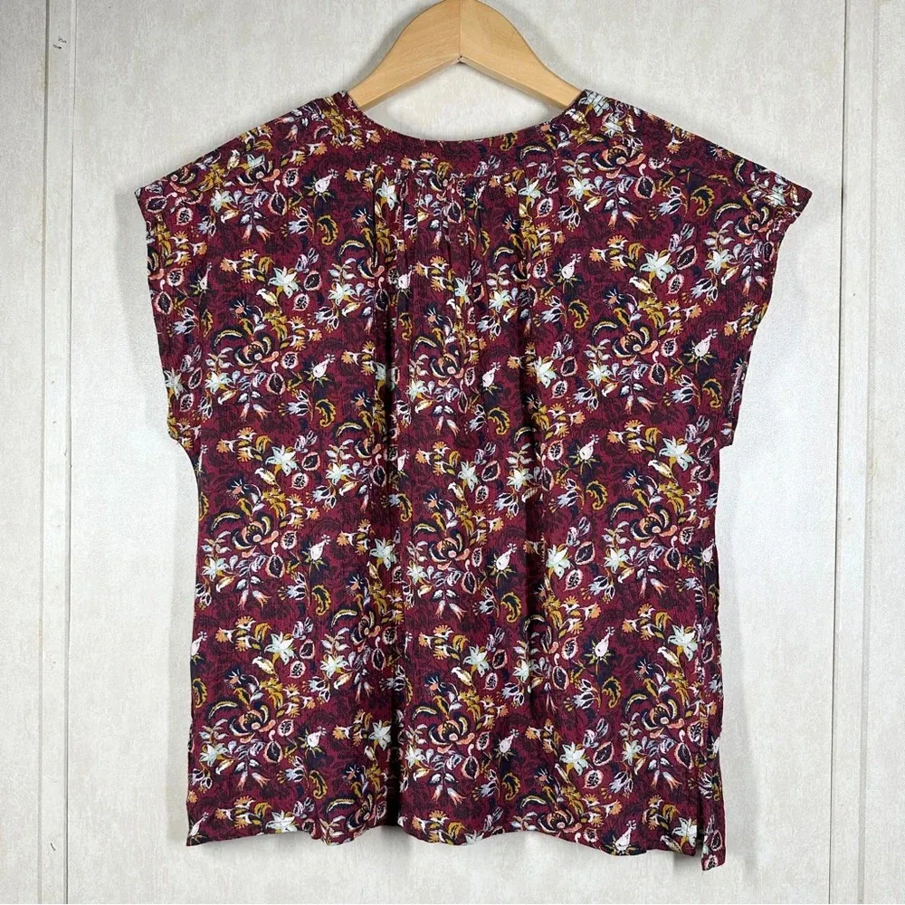 Garnet Hill Quinn Crêpe Blouse Top Shortsleeve Floral Burgundy Size XS - Image 7