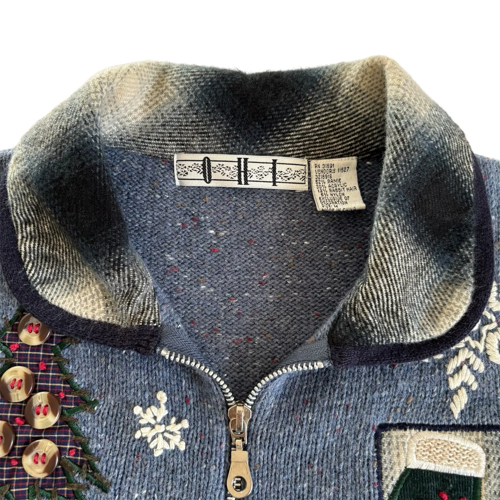 Vintage OHI Ugly Christmas Sweater Vest Patchwork Granny Cottage Womens Medium Blue - Image 2