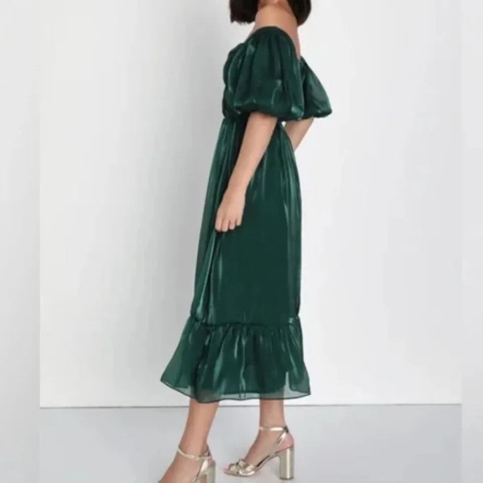 LuLu’s Remarkable Sensation Emerald Green Puff Sleeve Tiered Midi Dress Size L Size L - Image 3