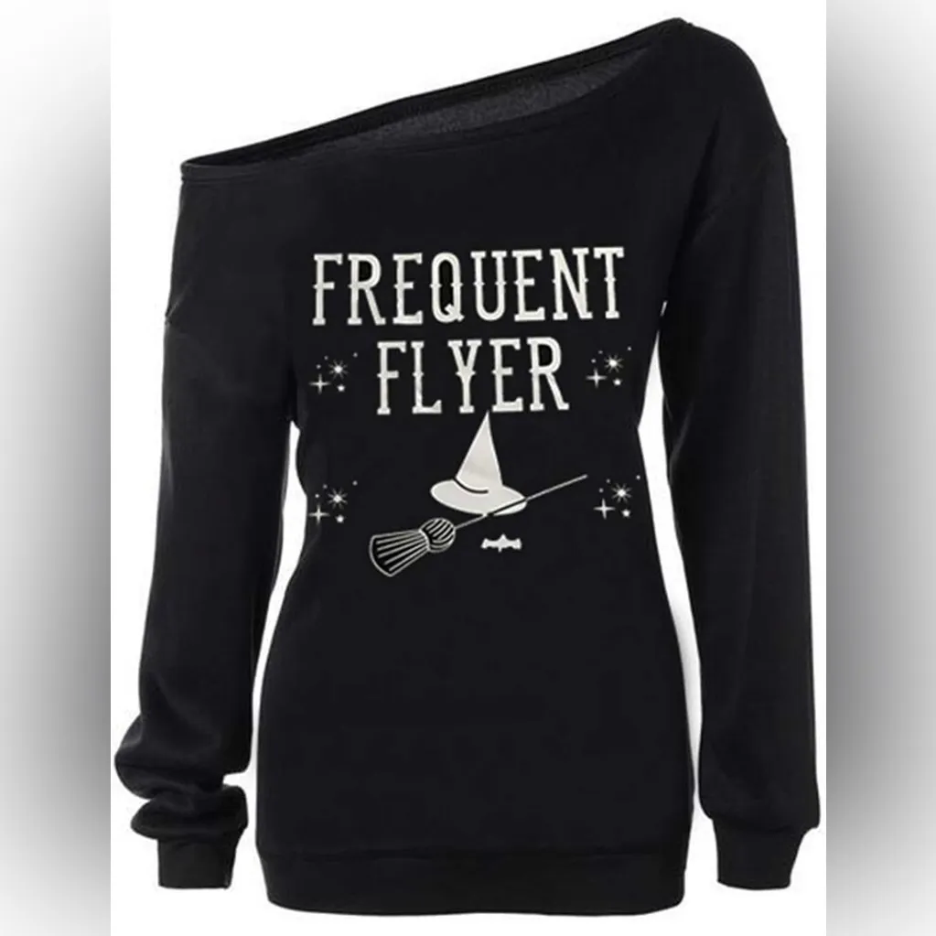 “Frequent Flyer” Halloween Off the Shoulder Pullover Tops in Size S Black - Image 6