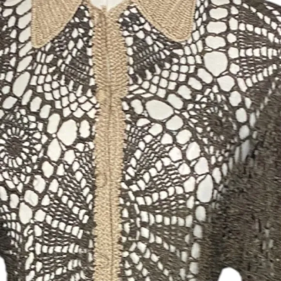 KAREN MILLEN Vintage
90s/Y2K Collared
Crochet Sweater Top
Brown Tan Size 3 - Image 6