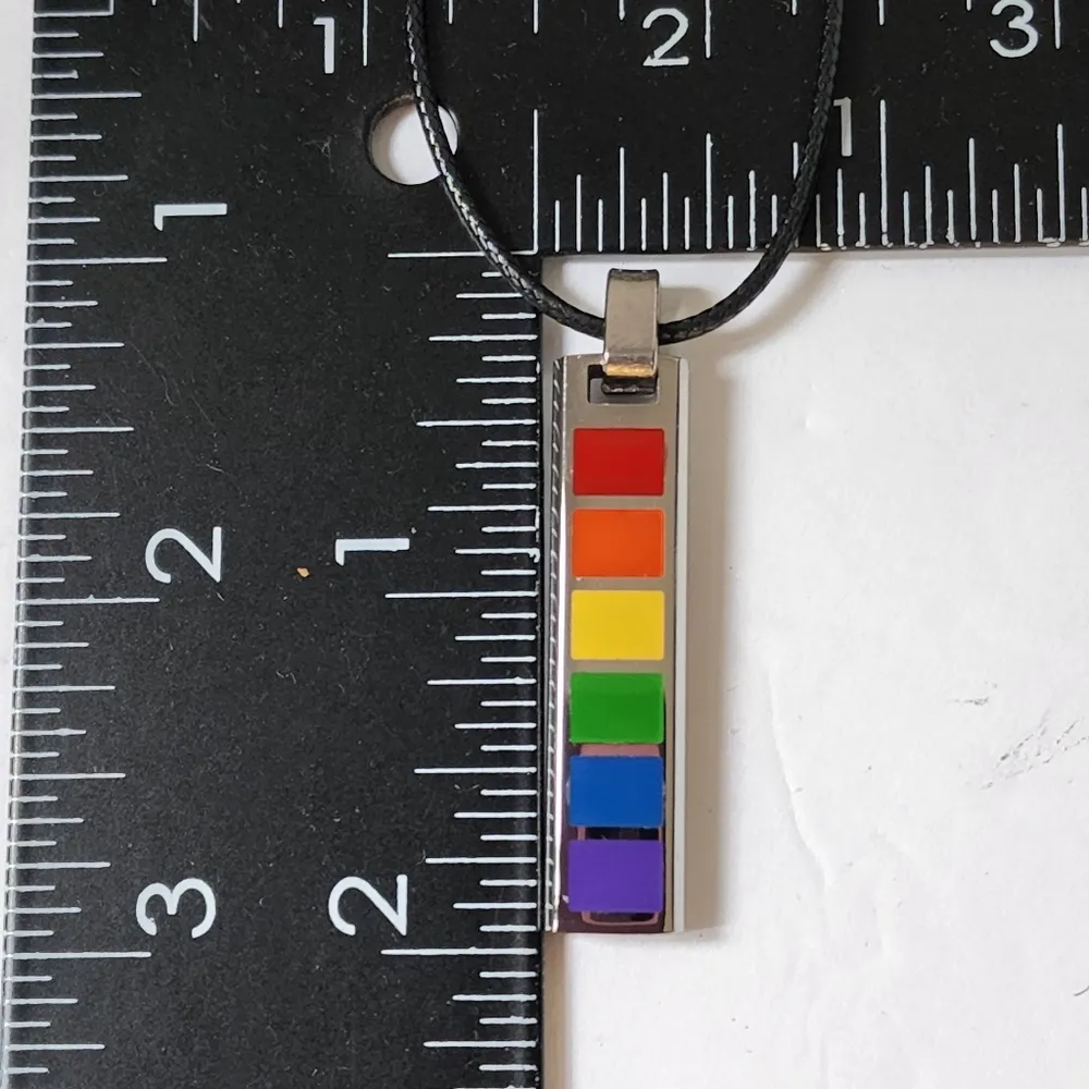 🌈 Silver Rainbow Bar Pendant on Black Leather Necklace Pink - Image 4