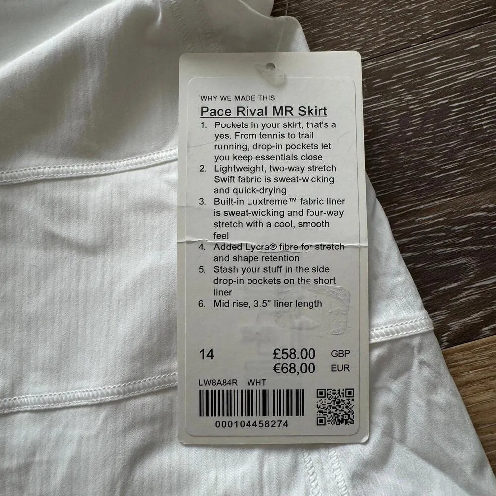 Lululemon Pace Rival Skirt Mid-Rise Regular White Size 14 NWT - Image 3