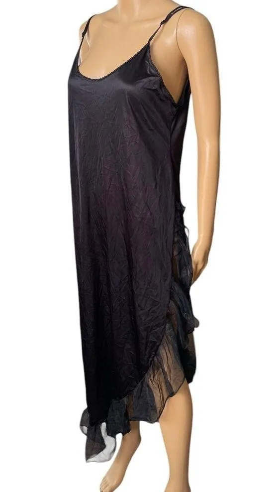 Lady Cameo Vintage 80s Plus Size Black Asymmetrical High Slit Ruffle Slip Dress - Image 2