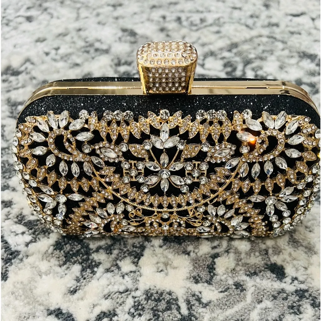 BLACK AND GOLD CRYSTAL DIAMOND EVENING CLUTCH BAG - Image 2