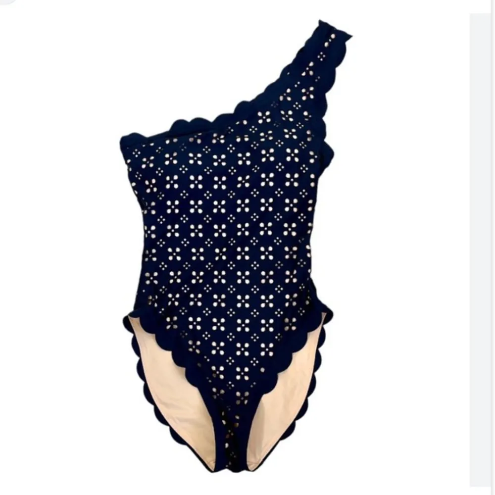 NWT  J.Crew Scalloped One Shoulder Swimsuit Laser Cut Eyelet Navy Blue 24 - Image 3