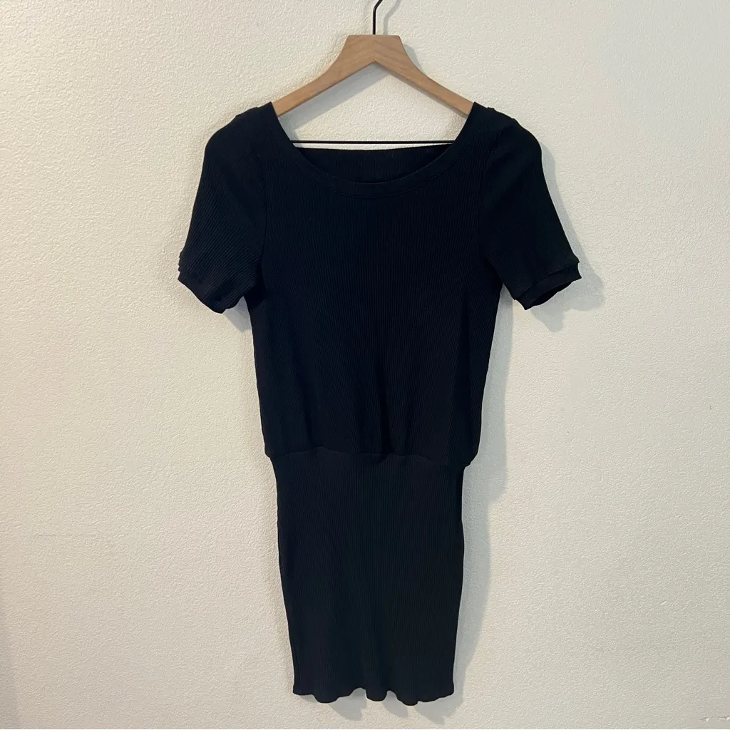 Free People Beach Happy Hour Mini Dress Black Blouson Ribbed Stretch Cutout‎ S - Image 3