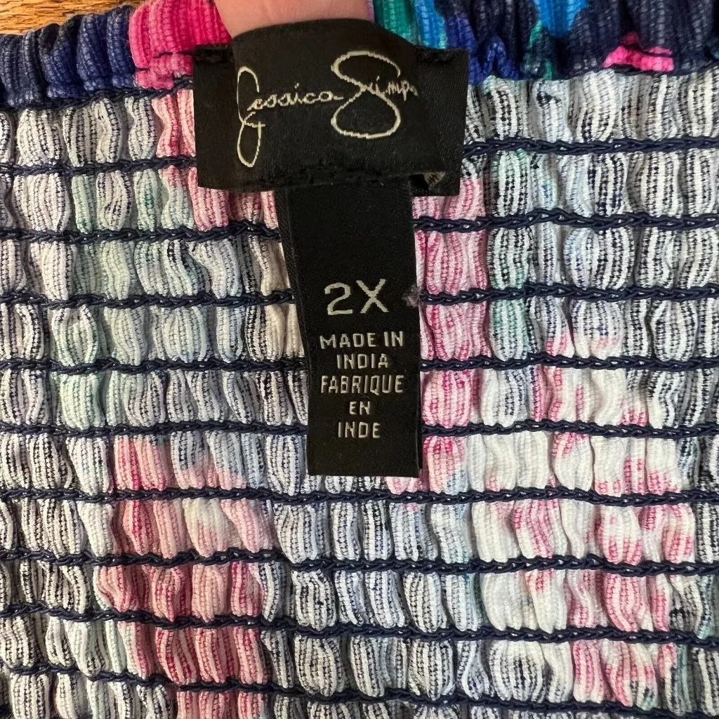 Jessica Simpson Mini Dress 2X Blue Pink Rose Floral‎ Corset Smocked Micro Ribbed - Image 10