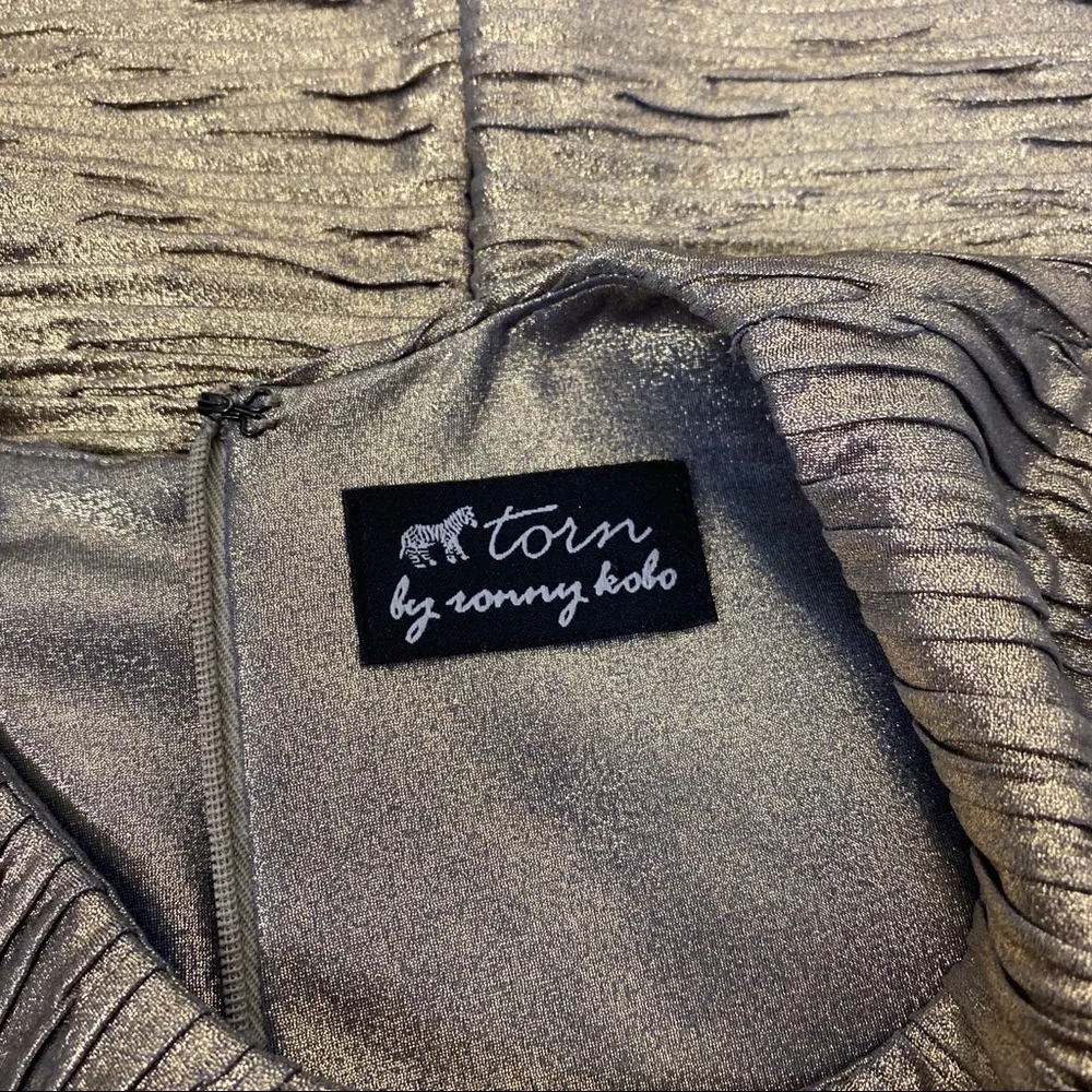 Torn by Ronnie Kobo gold shimmer metallic dress - Image 8