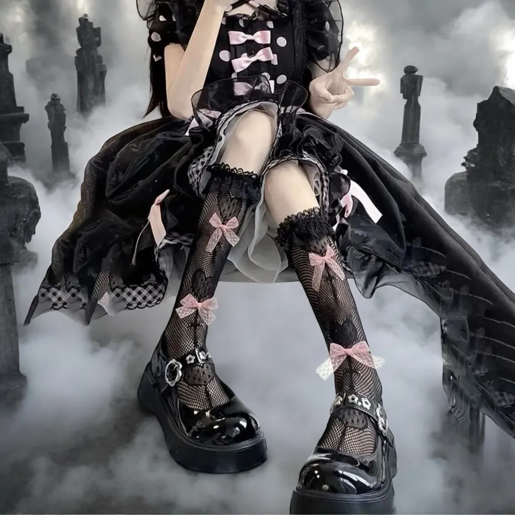 Black Lolita Style Calf Socks Lace‎ Trim Polyester Knit Fabric Socks One Size - Image 5